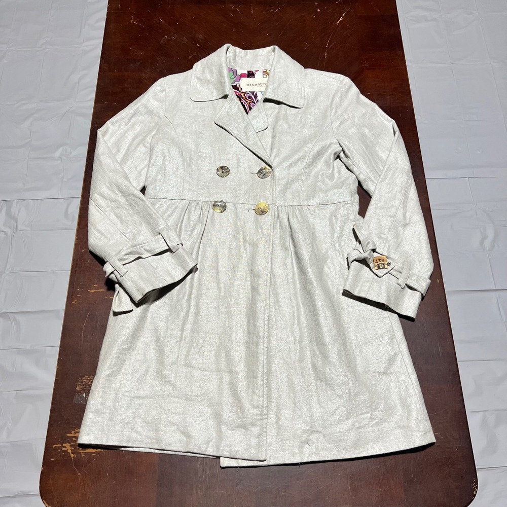 Maestro Linen Blend Double Breasted Trench Coat Silver Paisley Lining Womens M